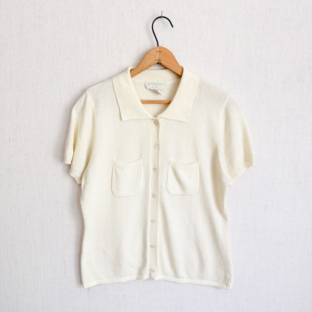 Express Tricot Short Sleeve Knit Cardigan Vintage 90s M Cream Button Front Top